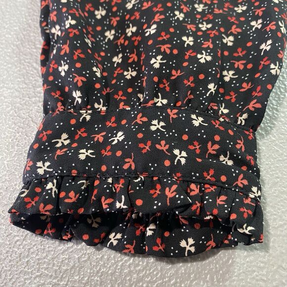 LOFT Blouse Floral Ruffle Trim V-Neck Puff Long Sleeve Pleated Womens S Black - Picture 9 of 13